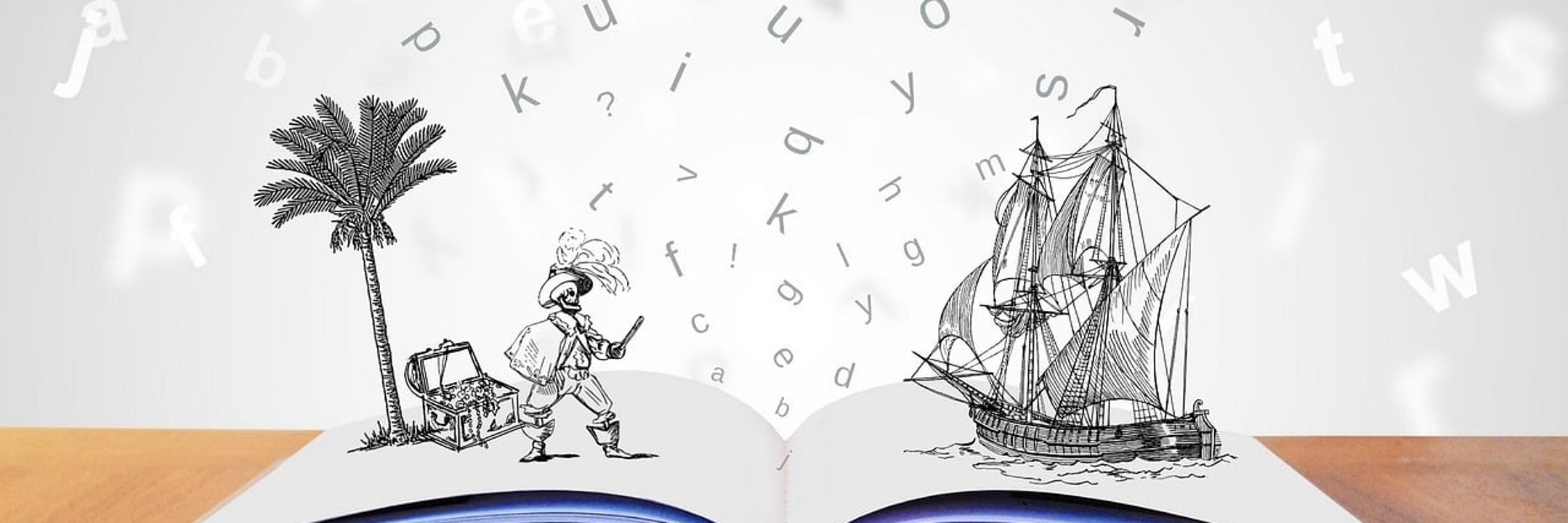 Bild von einem offenen Buch mit Piratenschiff darin